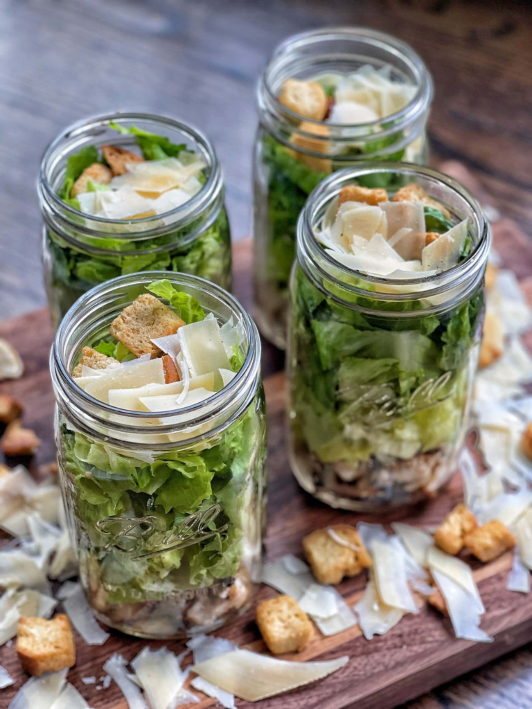 Salad in a Jar Shrimp Chicken Cesar salads - My Keto Web