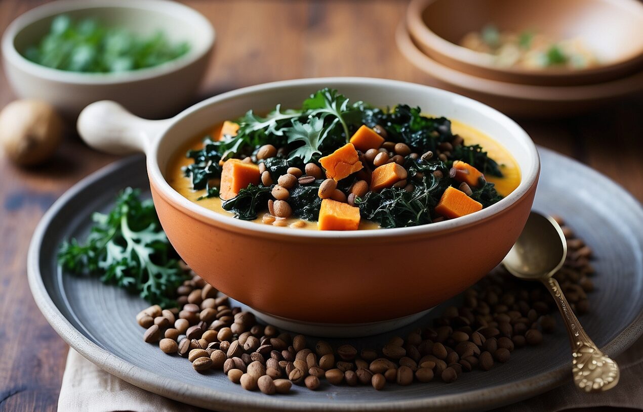 Gingered sweet potato and coconut milk stew with lentil & kale with Lentils & Kale