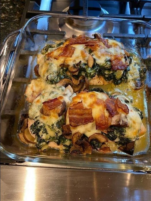 Smothered Chicken with Creamed Spinach, Bacon, and Mushrooms