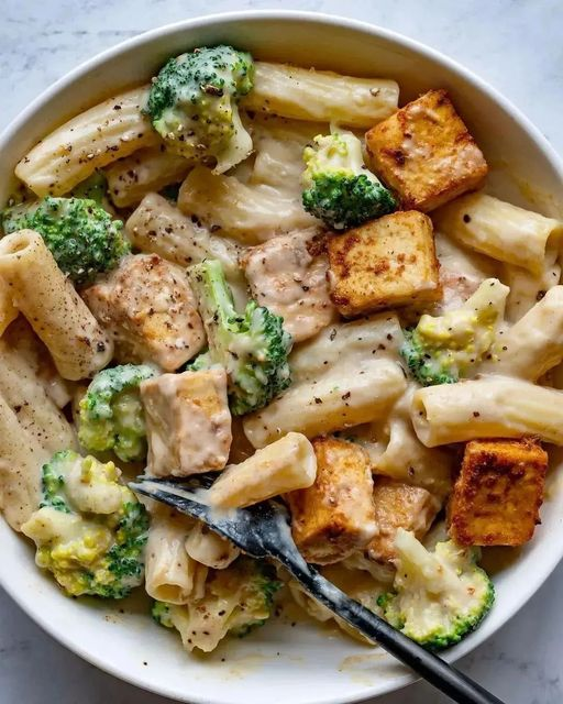 Creamy Vegan Pasta with Crispy Air Fryer Tofu