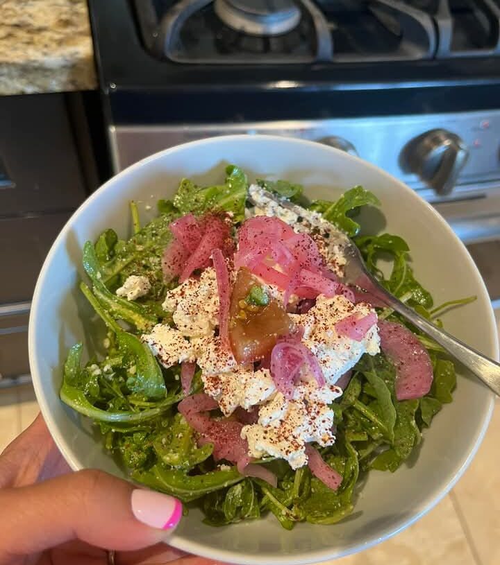 High-Protein Arugula Salad with Cottage Cheese, Pickled Onions & Sumac