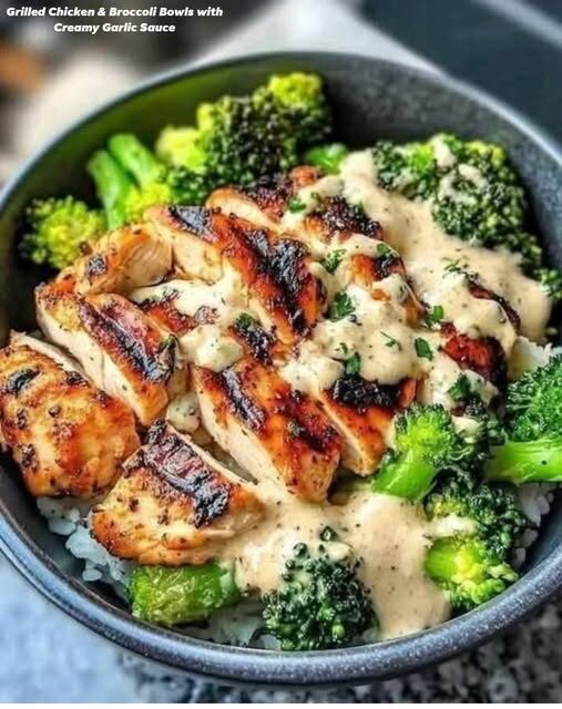 Grilled Chicken & Broccoli Bowls with Creamy Garlic Sauce