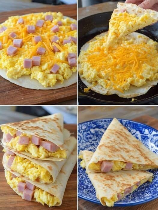 This Breakfast Quesadilla is packed full with chunks of savory ham, fluffy scrambled eggs, and two types of cheese. Under 5 net carbs when made with low carb tortilla, too!