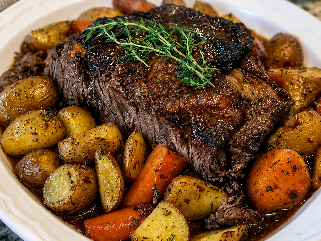 Classic Tender Pot Roast with Roasted Potatoes and Carrots