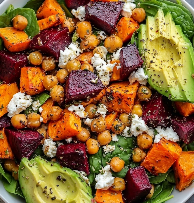 🥗 Roasted Beet & Sweet Potato Chickpea Salad with Avocado & Feta