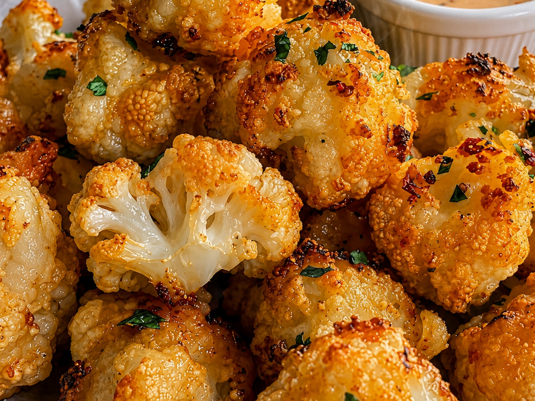 🥦 Crispy Garlic Parmesan Roasted Cauliflower Bites with Spicy Creamy Dip