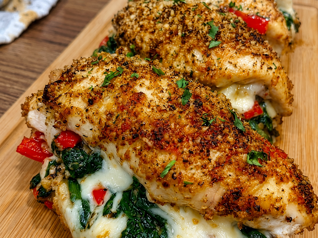 Tuscan Stuffed Chicken Breasts with Spinach, Red Peppers, and Cheese.