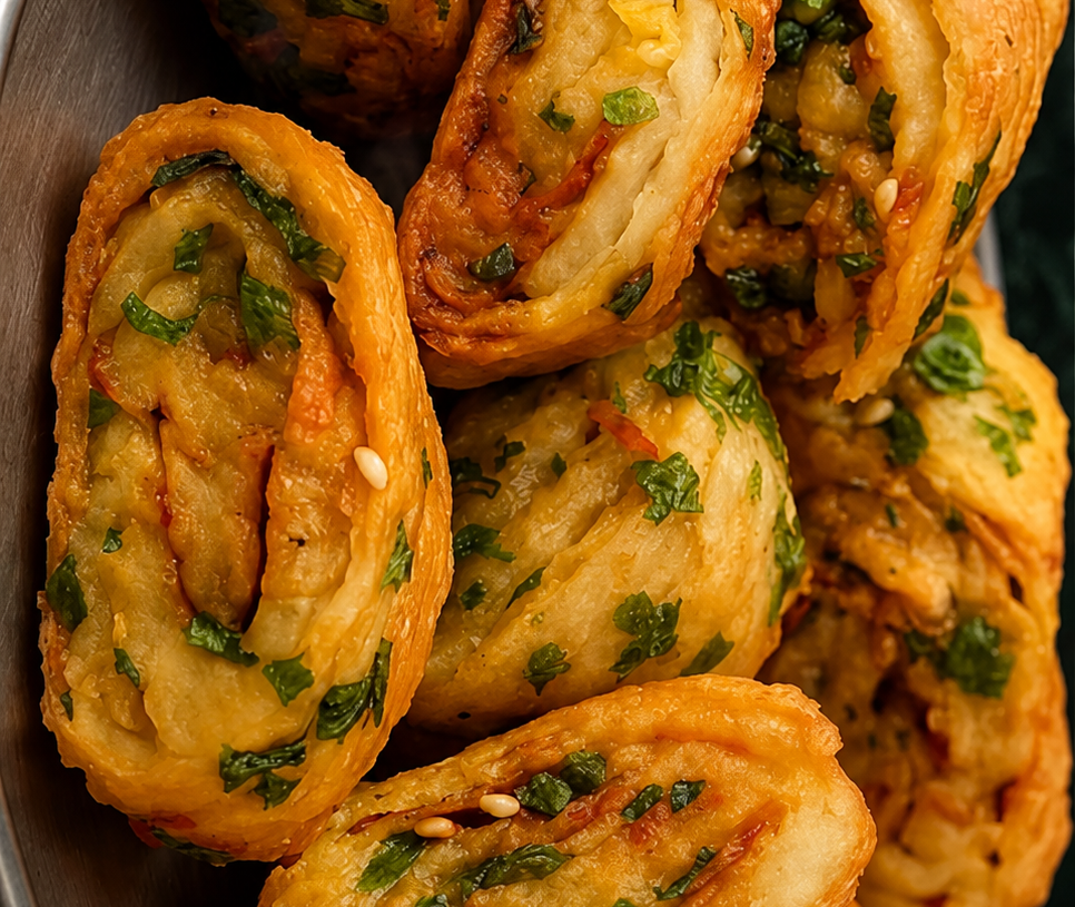 🥐 Crispy Green Herb Masala Pinwheel Rolls