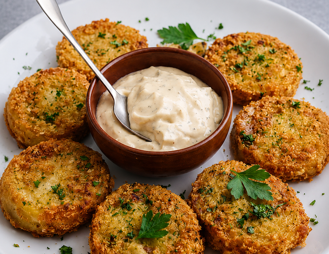 🥔 Crispy Golden Garlic Herb Potato Patties with Creamy Herb Dip