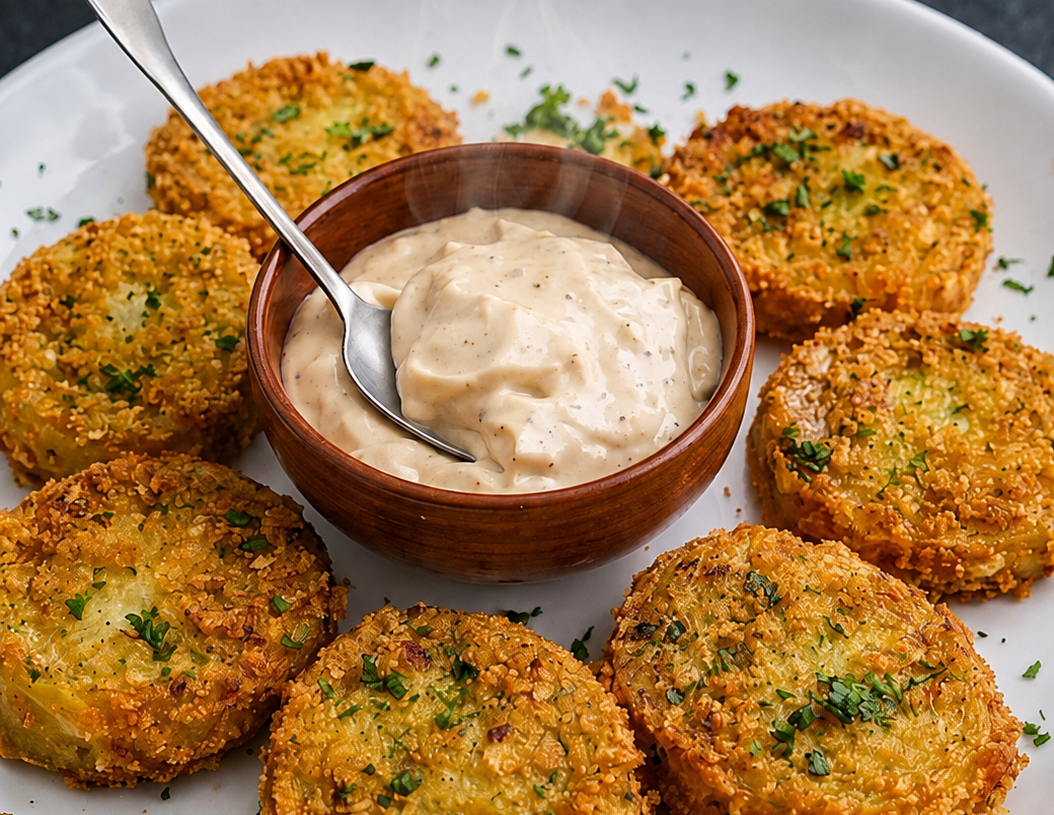🥦 Crispy Golden Vegetable Patties with Creamy Garlic Dip
