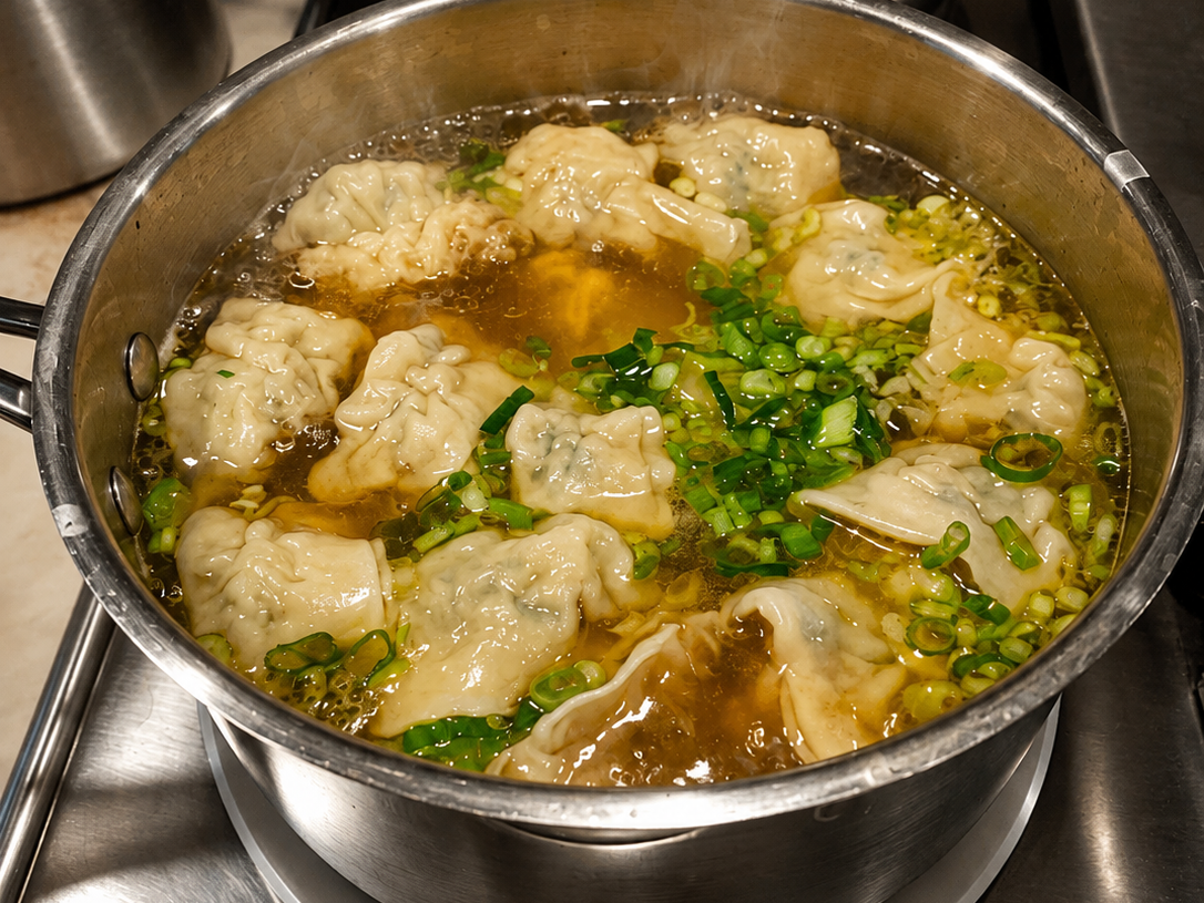 🍲 Homemade Dumpling Soup with Golden Broth & Green Onions