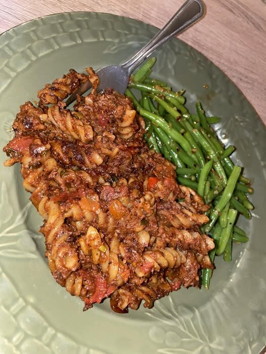 Beef & Mushroom Rotini with Garlic Green Beans