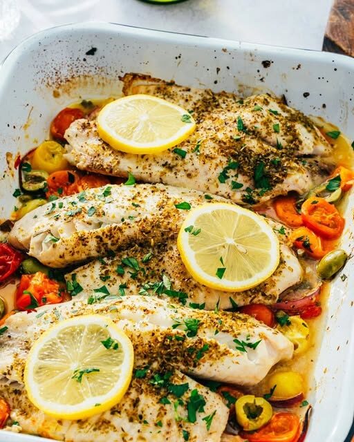 Mediterranean Sheet Pan Baked Fish with Cherry Tomatoes