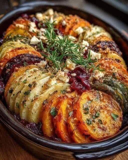 Roasted Root Vegetable Tian with Feta & Cranberries