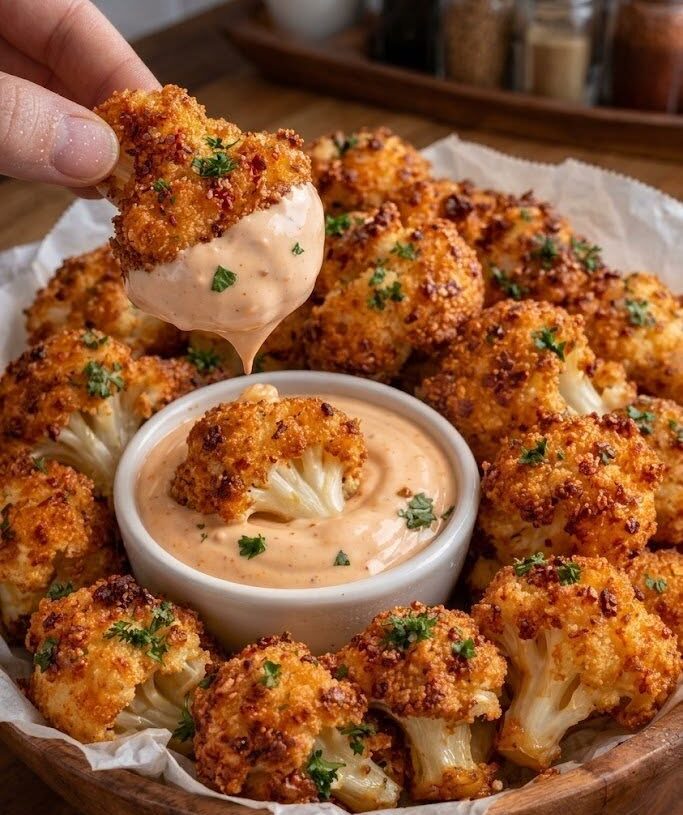  Crispy Parmesan Cauliflower Bites with Spicy Yogurt Dip