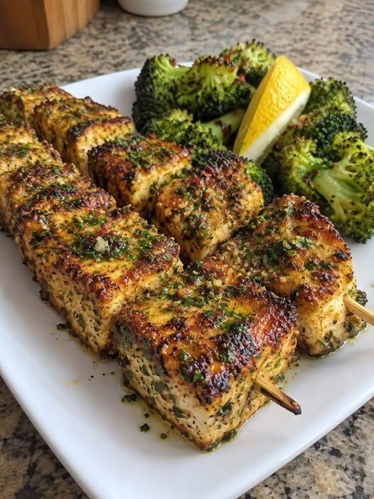Garlic Herb Chicken Skewers with Roasted Broccoli
