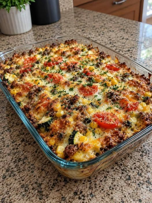 Cheesy Ground Beef, Zucchini & Corn Bake