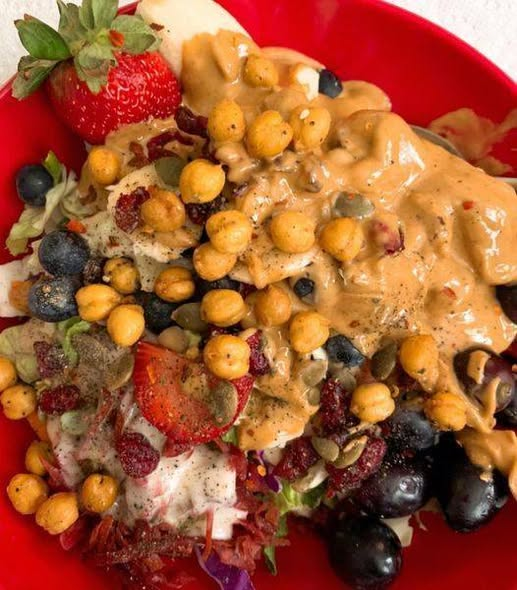Berry Yogurt Bowl with Peanut Butter & Crunchy Roasted Chickpeas