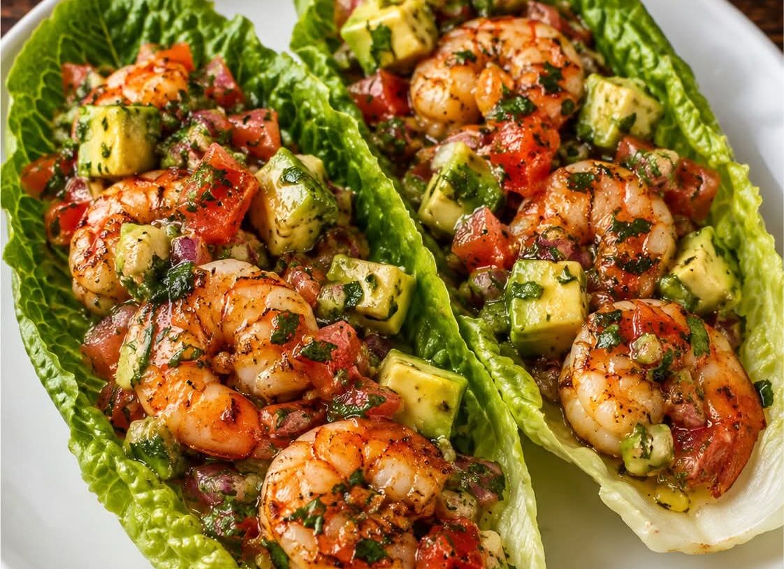 Garlic Shrimp, Avocado & Tomato Lettuce Wraps