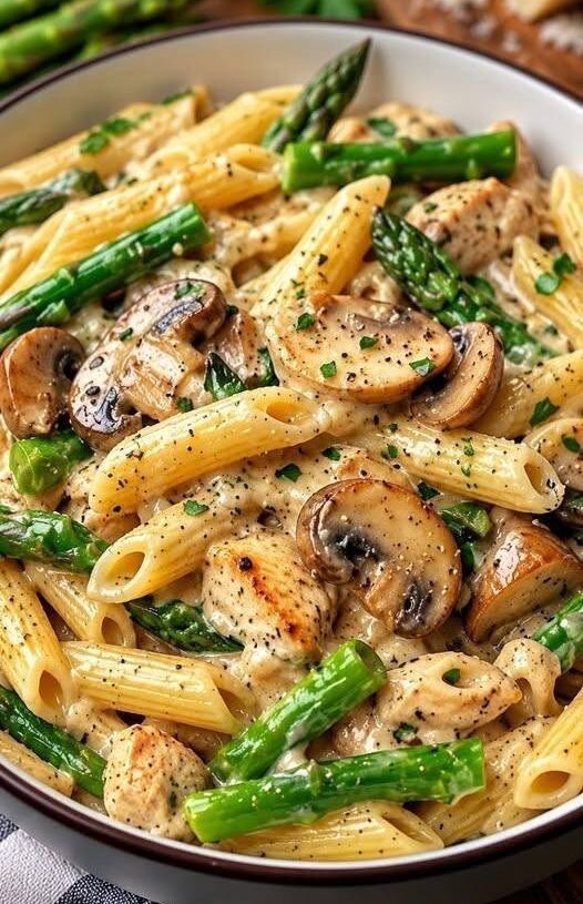 Creamy Chicken, Mushroom & Asparagus Pasta