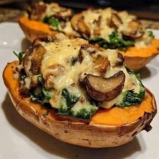 Cheesy Mushroom & Spinach Stuffed Sweet Potatoes