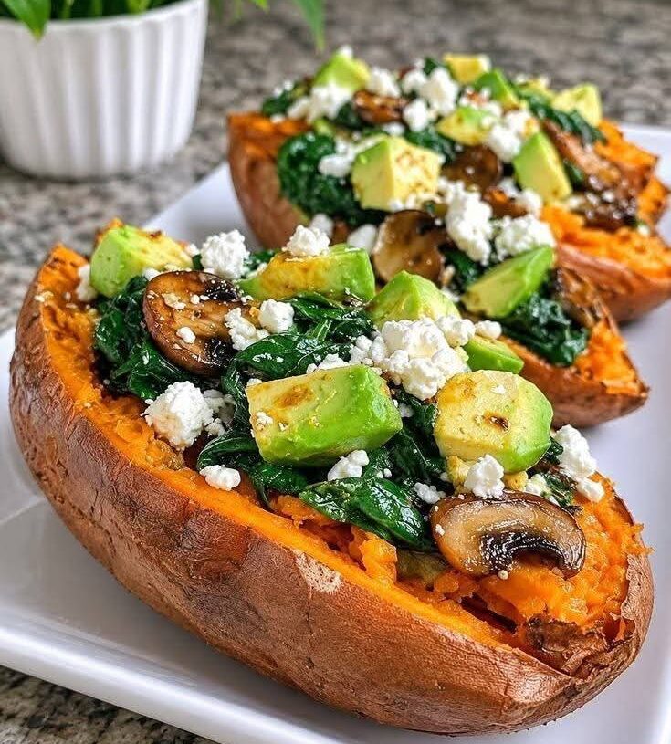 Mushroom & Avocado Stuffed Sweet Potatoes